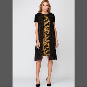 Joseph Ribkoff Black Gold Filigree Knit Sheath Dress Sheer Overlay Women Size 6